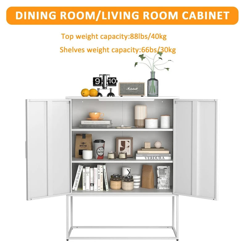 Buffet métallique robuste, armoire de rangement moderne en acier avec 2 étagères, autoportante