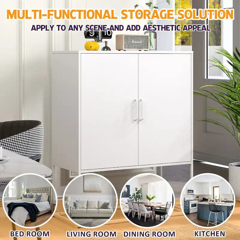 Buffet métallique robuste, armoire de rangement moderne en acier avec 2 étagères, autoportante