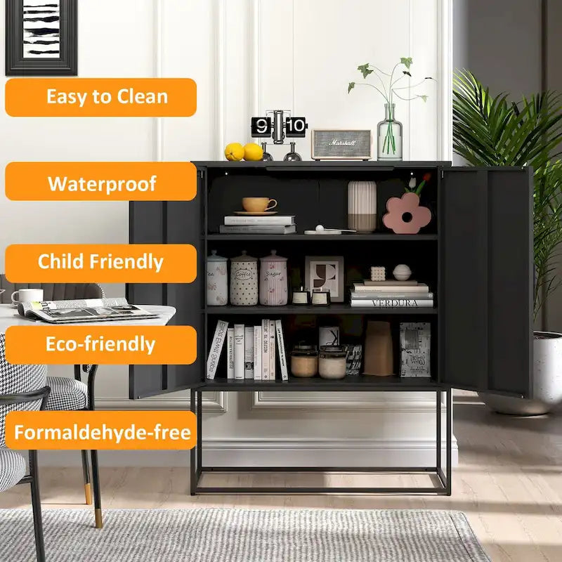 Buffet métallique robuste, armoire de rangement moderne en acier avec 2 étagères, autoportante