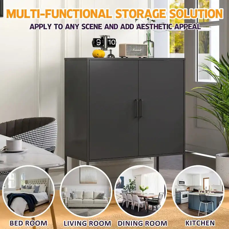 Buffet métallique robuste, armoire de rangement moderne en acier avec 2 étagères, autoportante