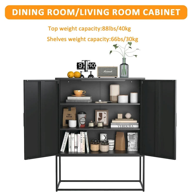 Buffet métallique robuste, armoire de rangement moderne en acier avec 2 étagères, autoportante