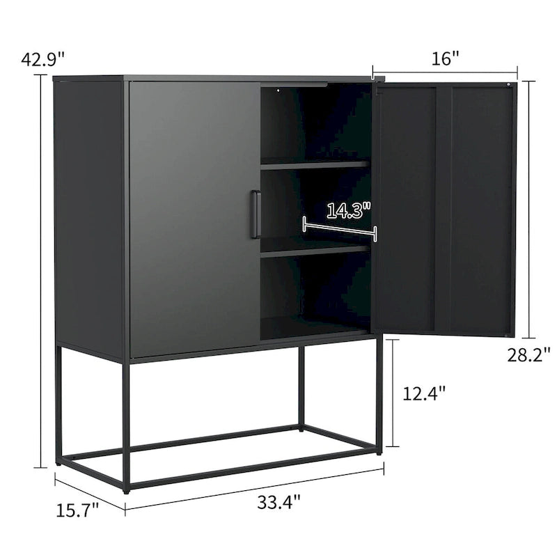 Buffet métallique robuste, armoire de rangement moderne en acier avec 2 étagères, autoportante