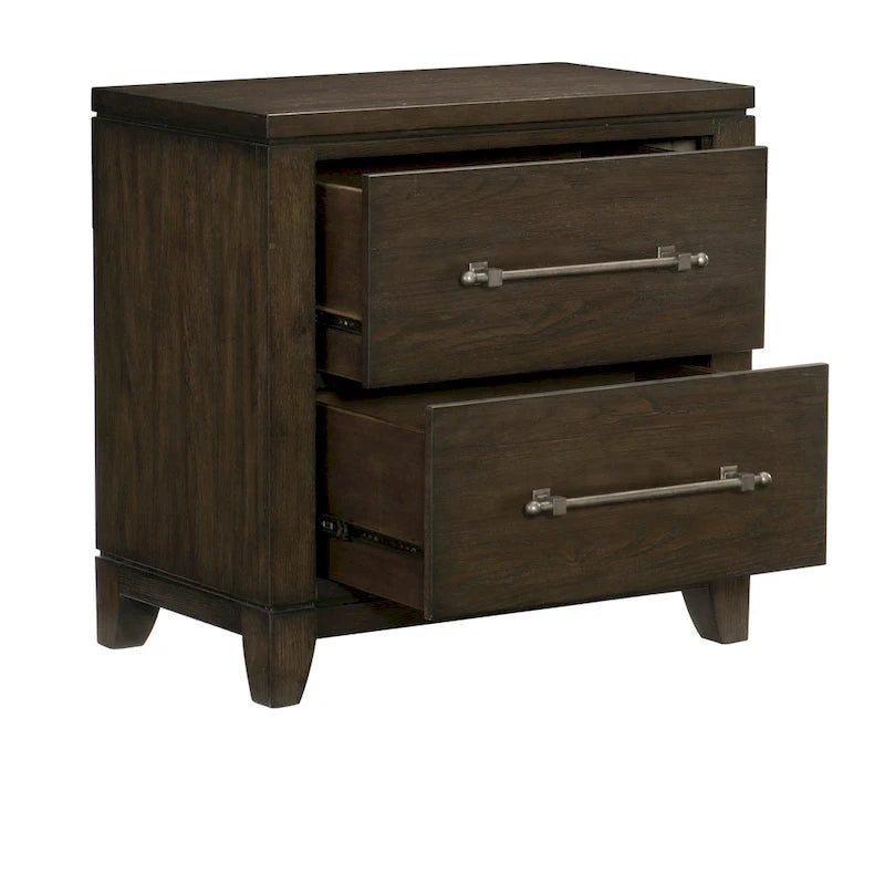Ensemble de chambre à coucher moderne contemporain brun foncé : lit, table de chevet, commode.