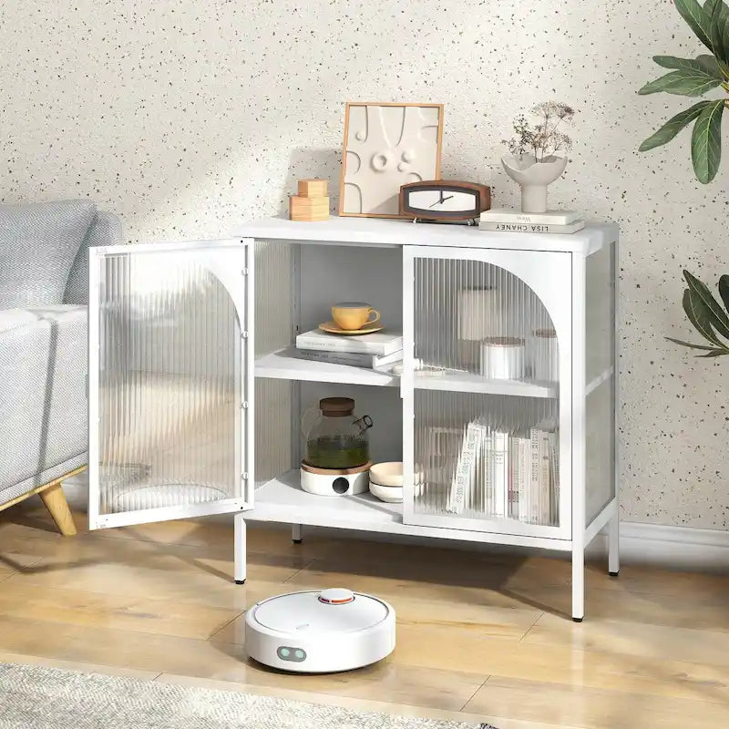 Meuble bahut en métal, buffet de rangement avec 2 portes vitrées, meuble de bar à café moderne
