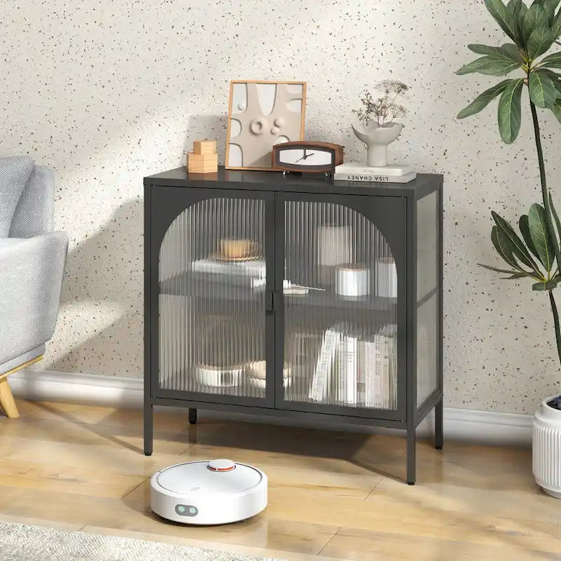 Meuble bahut en métal, buffet de rangement avec 2 portes vitrées, meuble de bar à café moderne