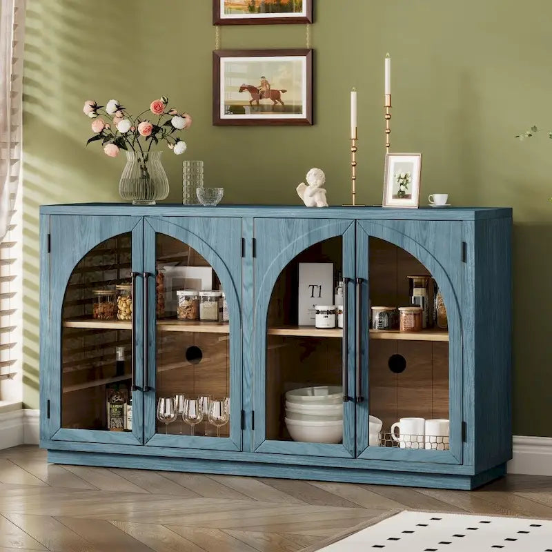Buffet Rétro à 4 Portes Grand Rangement avec Poignées Métalliques et Étagères Réglables