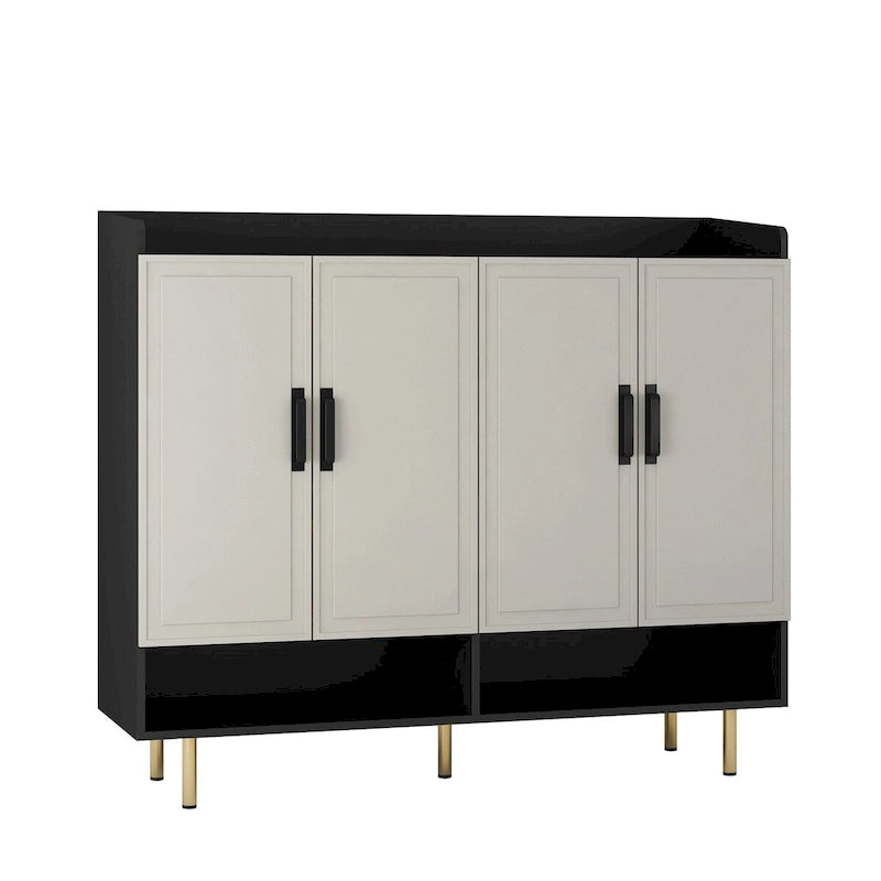 Meuble à chaussures, Grand meuble de rangement moderne à 4 portes, Étagères réglables pour entrée, Meuble à chaussures noir fin