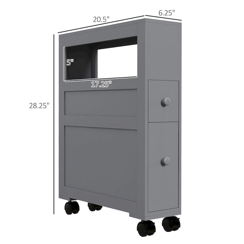 Meuble de rangement latéral étroit de salle de bain en bois roulant 6,25x20,5x28,25
