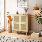 Meuble de rangement 4 portes en maille de rotin, buffet avec huit espaces de rangement, pour entrée, salon, couloir (naturel)