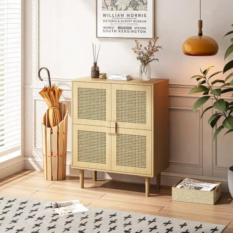 Meuble de rangement 4 portes en maille de rotin, buffet avec huit espaces de rangement, pour entrée, salon, couloir (naturel)