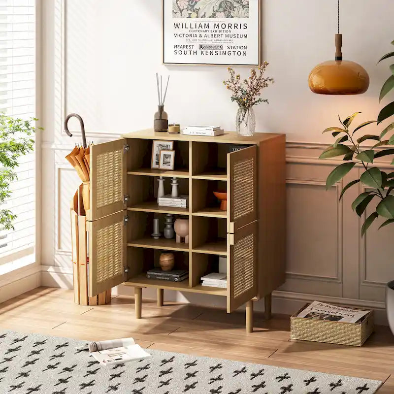 Meuble de rangement 4 portes en maille de rotin, buffet avec huit espaces de rangement, pour entrée, salon, couloir (naturel)