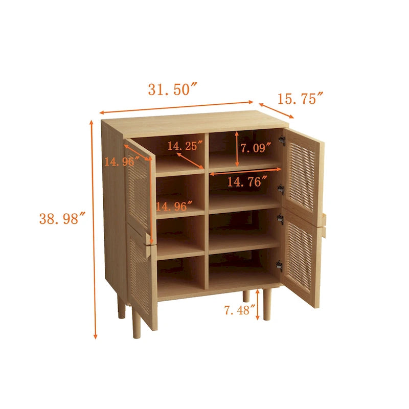 Meuble de rangement 4 portes en maille de rotin, buffet avec huit espaces de rangement, pour entrée, salon, couloir (naturel)