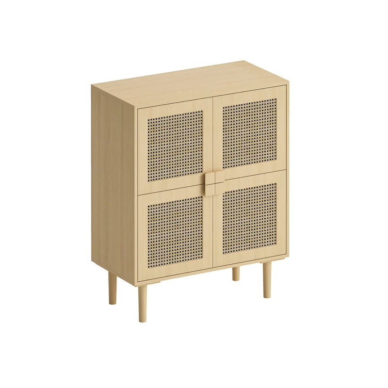 Meuble de rangement 4 portes en maille de rotin, buffet avec huit espaces de rangement, pour entrée, salon, couloir (naturel)