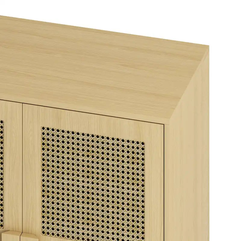 Meuble de rangement 4 portes en maille de rotin, buffet avec huit espaces de rangement, pour entrée, salon, couloir (naturel)