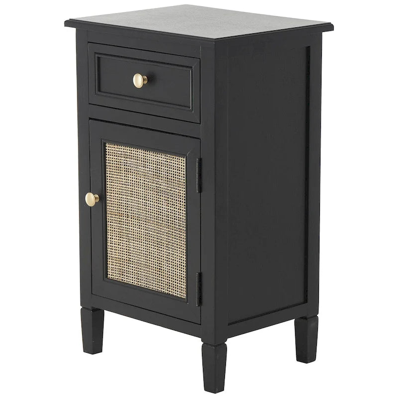 Meuble de rangement en bois fait main 1 tiroir et 1 porte avec façade en rotin - Noir - Décoration Roche River