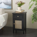 Meuble de rangement en bois fait main 1 tiroir et 1 porte avec façade en rotin - Noir - Décoration Roche River