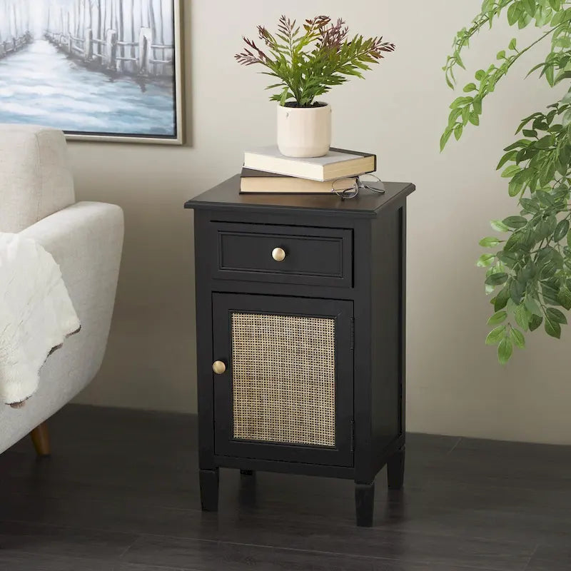 Meuble de rangement en bois fait main 1 tiroir et 1 porte avec façade en rotin - Noir - Décoration Roche River