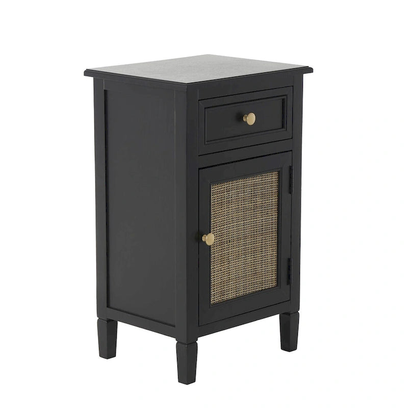 Meuble de rangement en bois fait main 1 tiroir et 1 porte avec façade en rotin - Noir - Décoration Roche River