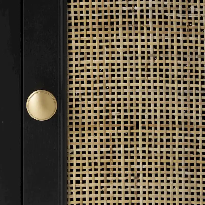 Meuble de rangement en bois fait main 1 tiroir et 1 porte avec façade en rotin - Noir - Décoration Roche River