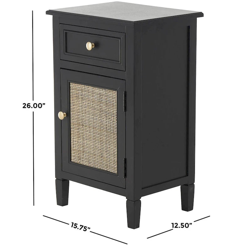 Meuble de rangement en bois fait main 1 tiroir et 1 porte avec façade en rotin - Noir - Décoration Roche River