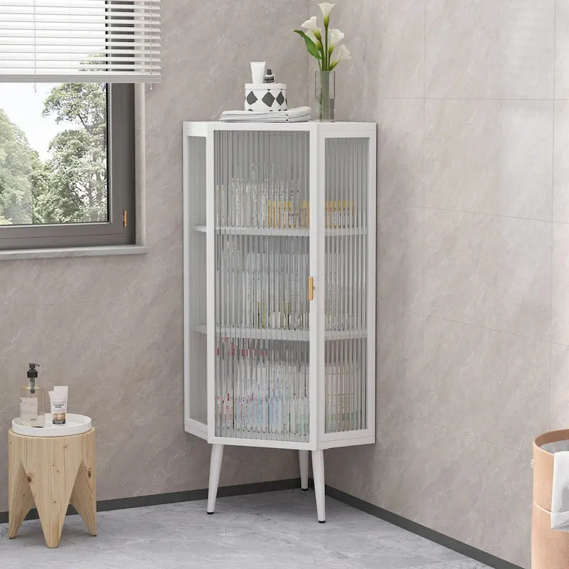 Meuble d'angle 22,25 pour salle de bain, salon et chambre à coucher, trois niveaux avec portes en verre trempé et étagères de rangement