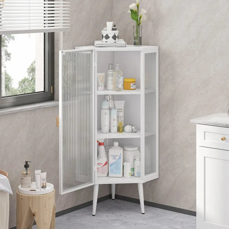 Meuble d'angle 22,25 pour salle de bain, salon et chambre à coucher, trois niveaux avec portes en verre trempé et étagères de rangement