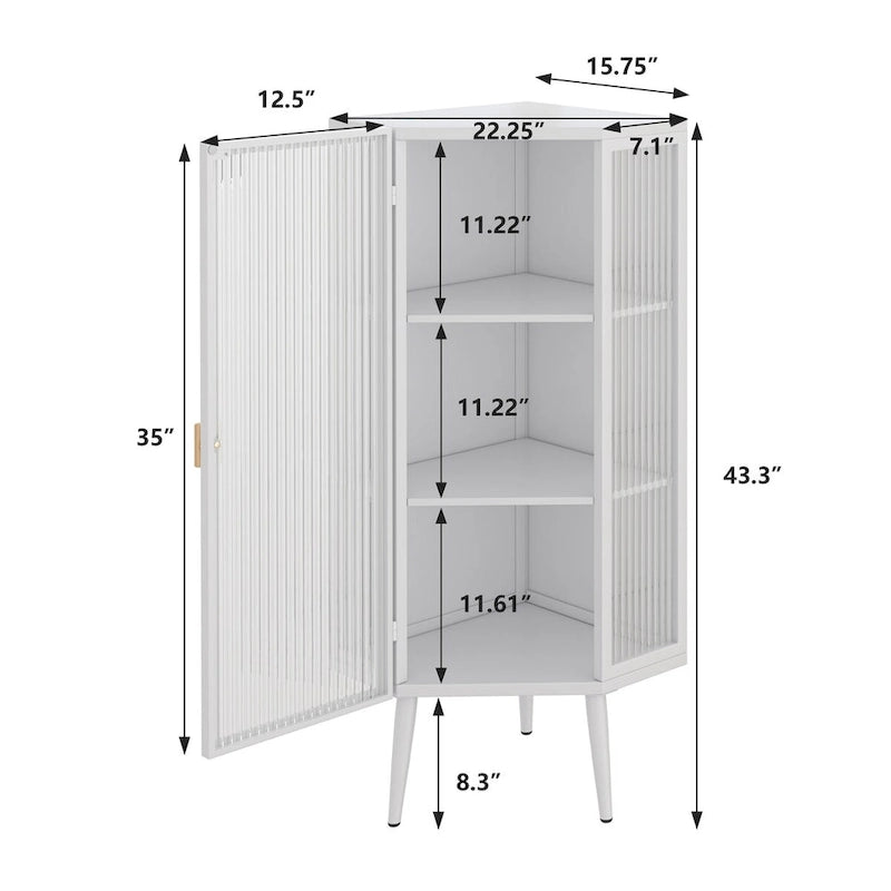 Meuble d'angle 22,25 pour salle de bain, salon et chambre à coucher, trois niveaux avec portes en verre trempé et étagères de rangement