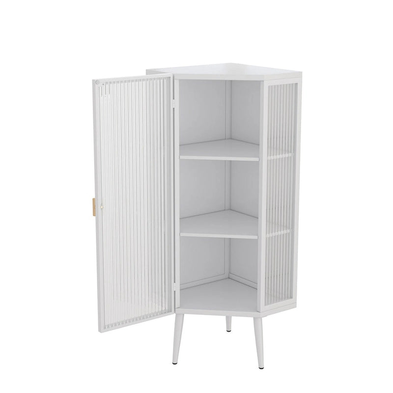 Meuble d'angle 22,25 pour salle de bain, salon et chambre à coucher, trois niveaux avec portes en verre trempé et étagères de rangement