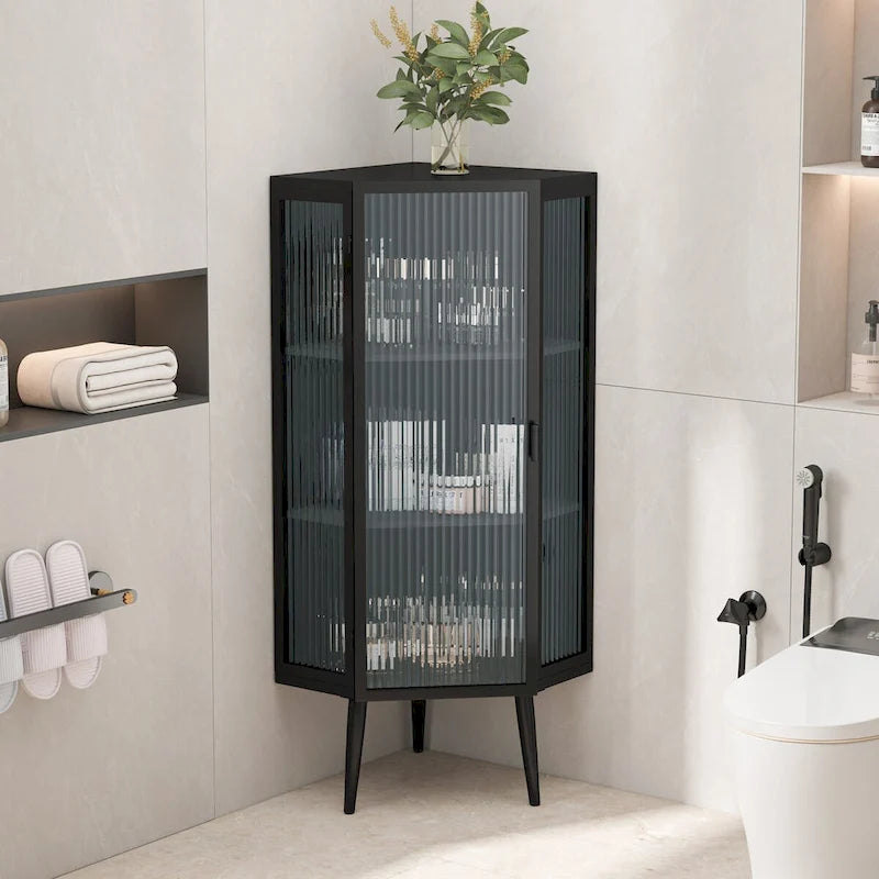 Meuble d'angle 22,25 pour salle de bain, salon et chambre à coucher, trois niveaux avec portes en verre trempé et étagères de rangement