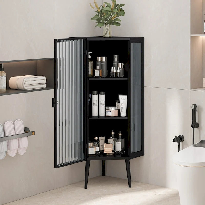 Meuble d'angle 22,25 pour salle de bain, salon et chambre à coucher, trois niveaux avec portes en verre trempé et étagères de rangement