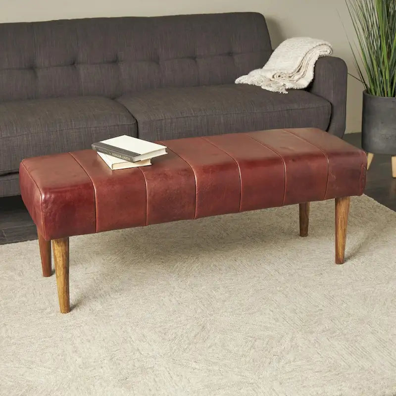 Banc capitonné en cuir avec pieds en bois - Marron - Roche River Decor