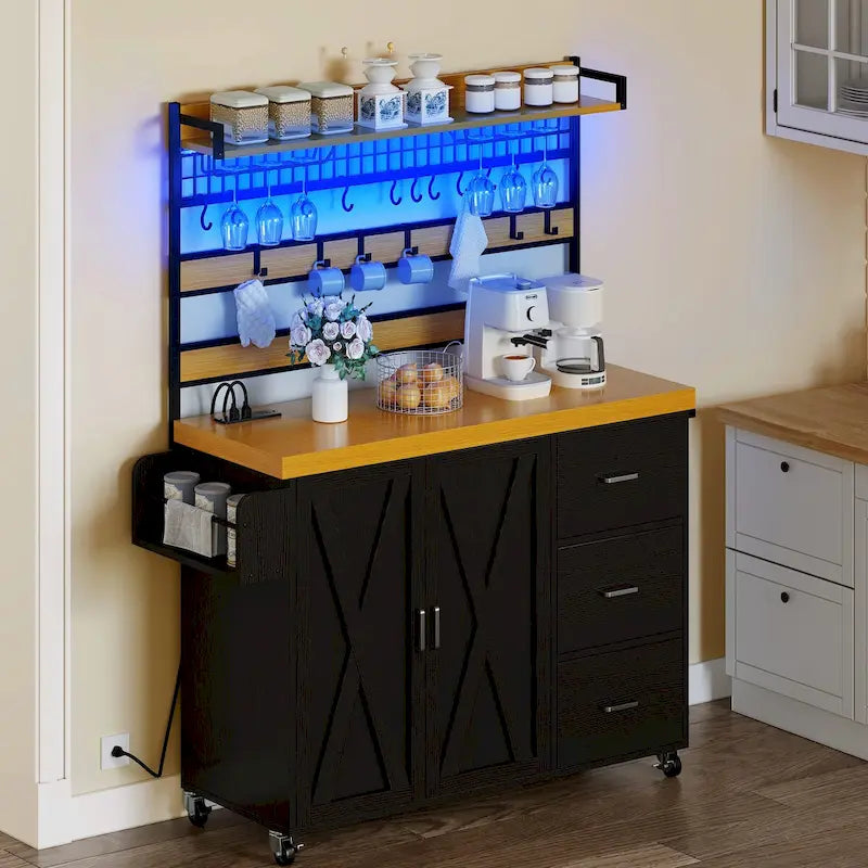 Grand îlot de cuisine roulant Moasis avec prise de courant et lumière LED, armoire de rangement avec étagère haute