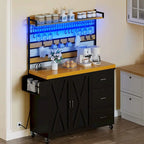 Grand îlot de cuisine roulant Moasis avec prise de courant et lumière LED, armoire de rangement avec étagère haute