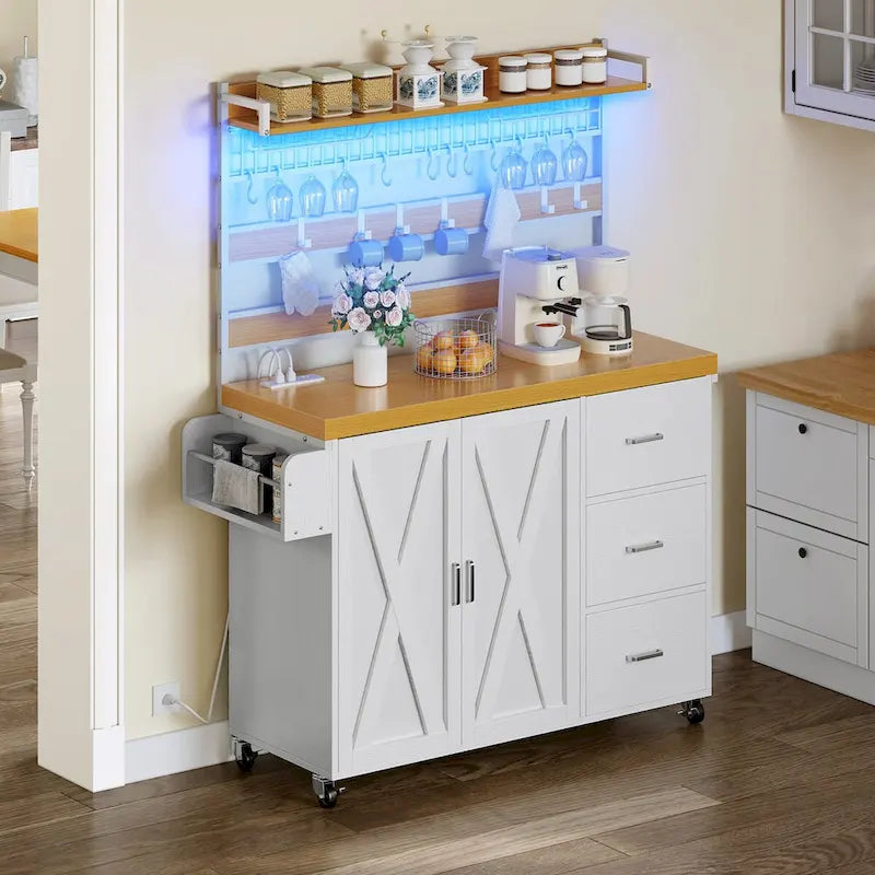 Grand îlot de cuisine roulant Moasis avec prise de courant et lumière LED, armoire de rangement avec étagère haute