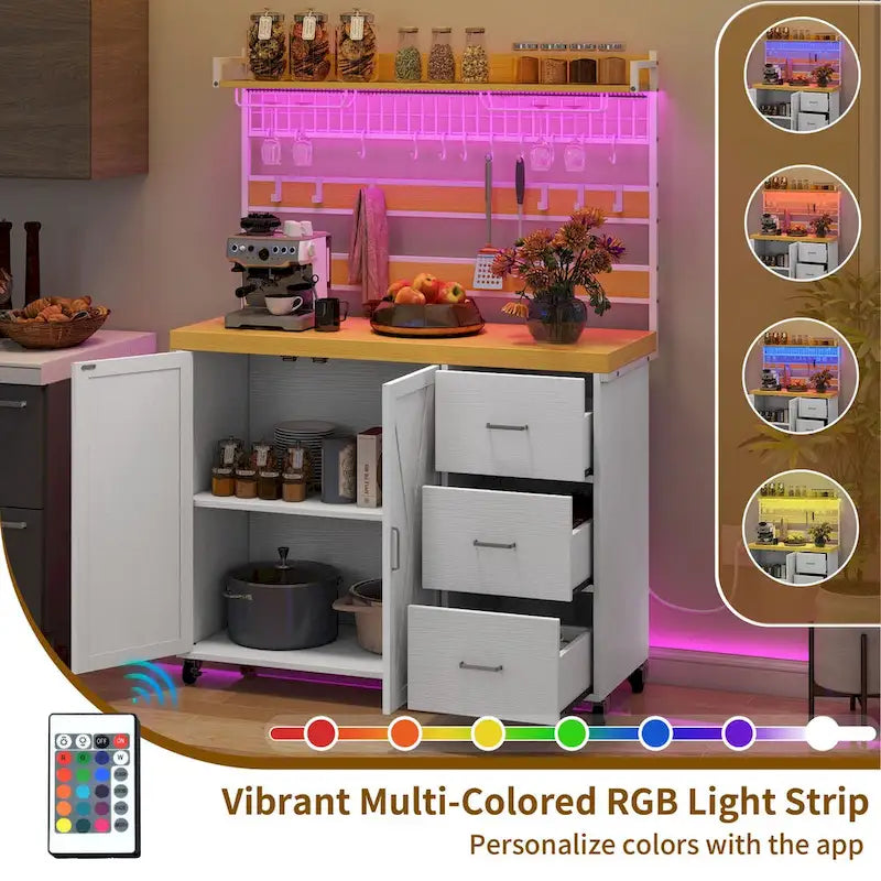 Grand îlot de cuisine roulant Moasis avec prise de courant et lumière LED, armoire de rangement avec étagère haute