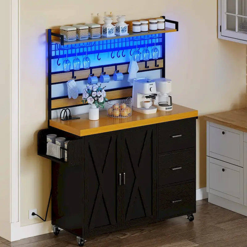 Grand îlot de cuisine roulant Moasis avec prise de courant et lumière LED, armoire de rangement avec étagère haute