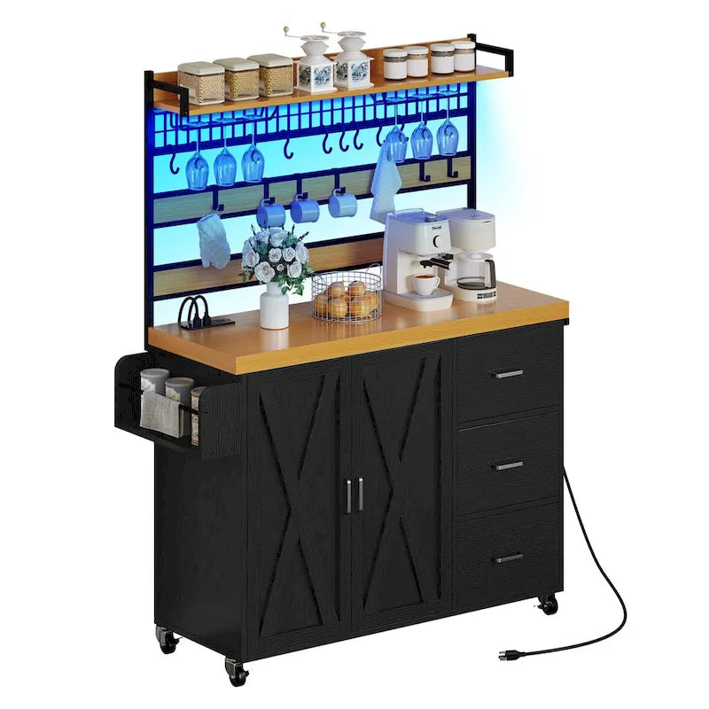 Grand îlot de cuisine roulant Moasis avec prise de courant et lumière LED, armoire de rangement avec étagère haute