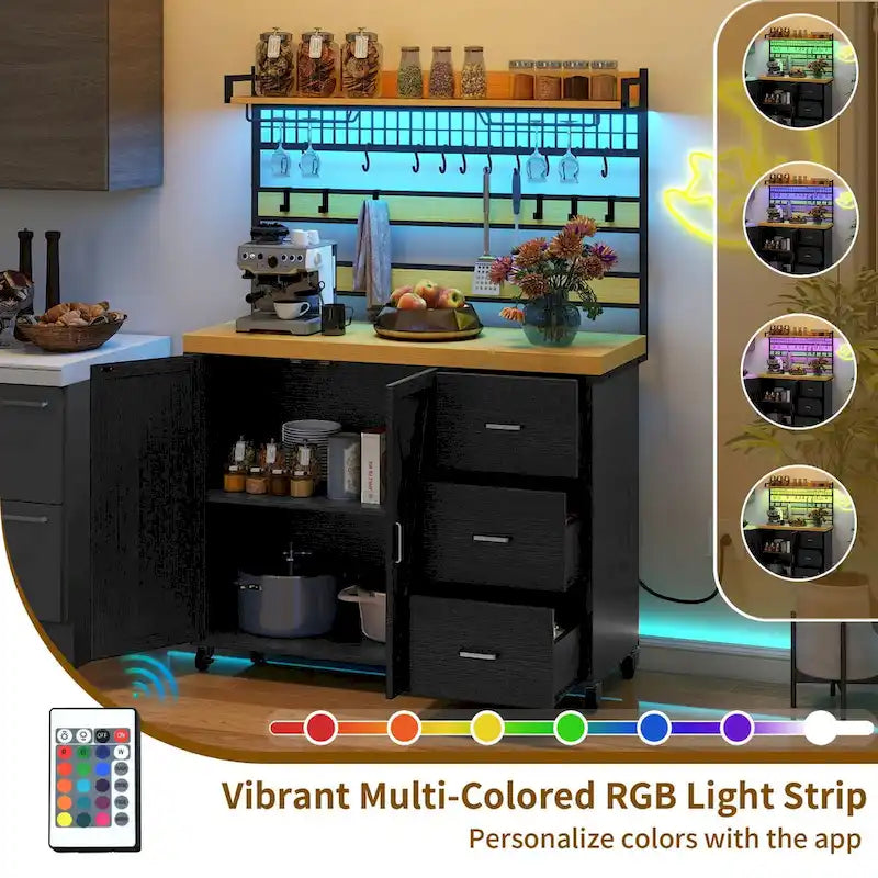 Grand îlot de cuisine roulant Moasis avec prise de courant et lumière LED, armoire de rangement avec étagère haute
