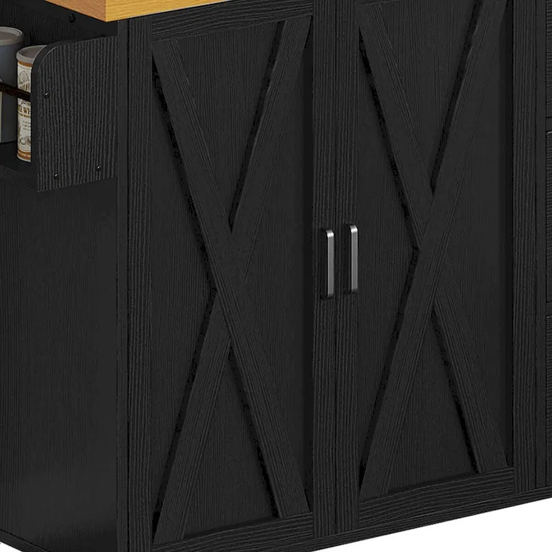 Grand îlot de cuisine roulant Moasis avec prise de courant et lumière LED, armoire de rangement avec étagère haute