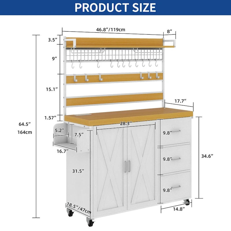 Grand îlot de cuisine roulant Moasis avec prise de courant et lumière LED, armoire de rangement avec étagère haute