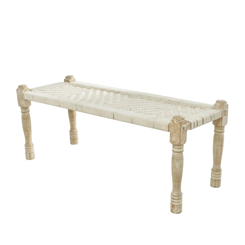 Banc d'intérieur fait main en tissu de coton tissé à motif chevrons avec pieds en bois de manguier clair - Beige - Roche River Decor