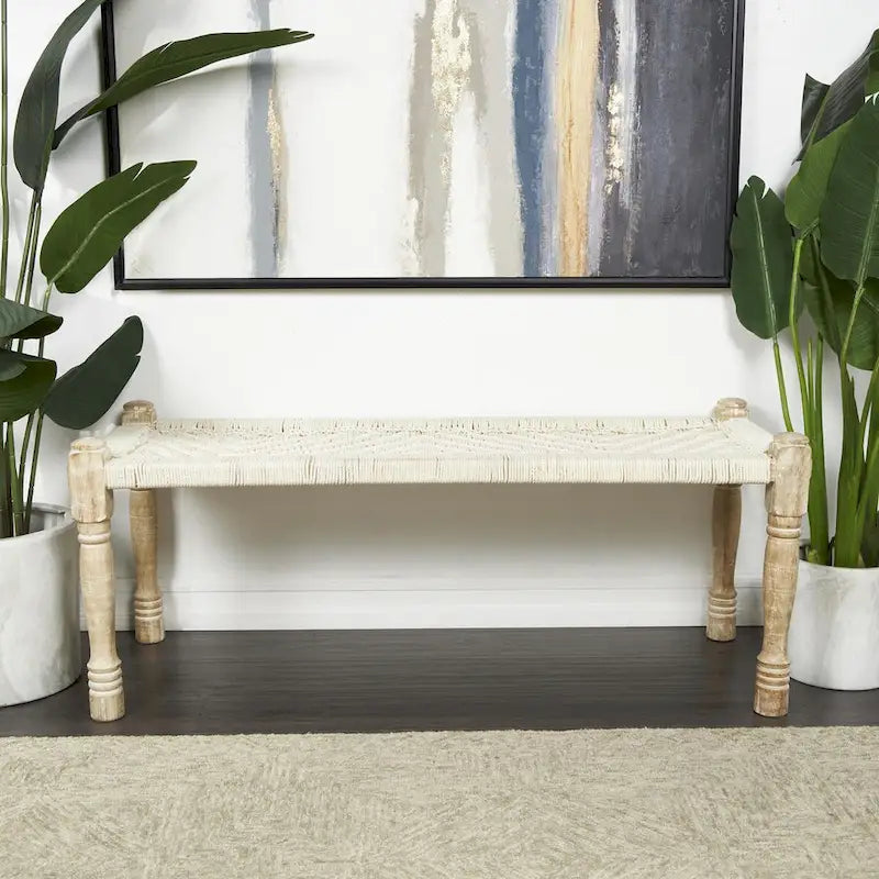 Banc d'intérieur fait main en tissu de coton tissé à motif chevrons avec pieds en bois de manguier clair - Beige - Roche River Decor