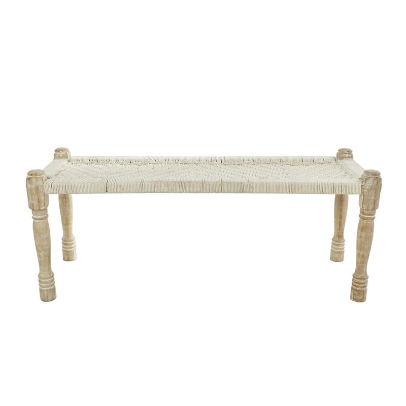 Banc d'intérieur fait main en tissu de coton tissé à motif chevrons avec pieds en bois de manguier clair - Beige - Roche River Decor