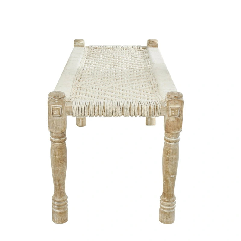 Banc d'intérieur fait main en tissu de coton tissé à motif chevrons avec pieds en bois de manguier clair - Beige - Roche River Decor