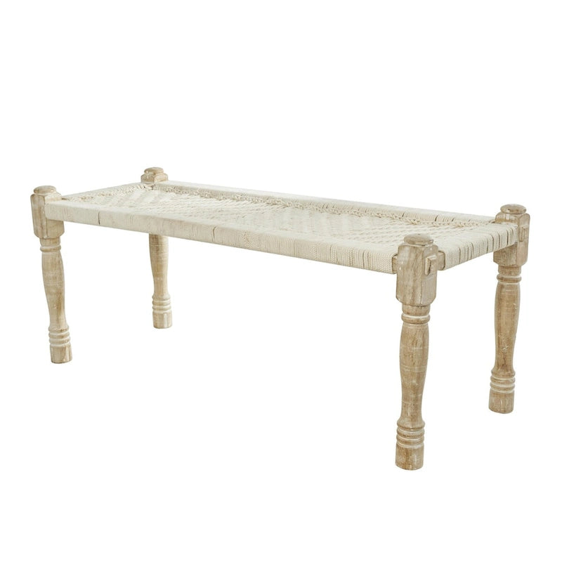 Banc d'intérieur fait main en tissu de coton tissé à motif chevrons avec pieds en bois de manguier clair - Beige - Roche River Decor