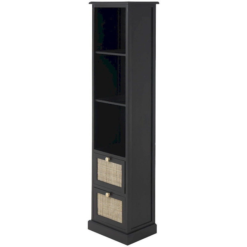Meuble de rangement en bois 3 étagères et 2 tiroirs avec façade en rotin - Noir - Roche River Décor