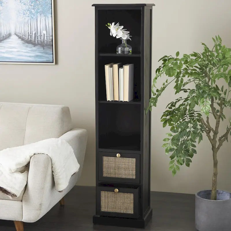 Meuble de rangement en bois 3 étagères et 2 tiroirs avec façade en rotin - Noir - Roche River Décor
