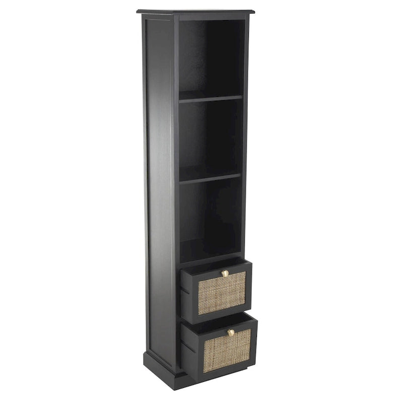 Meuble de rangement en bois 3 étagères et 2 tiroirs avec façade en rotin - Noir - Roche River Décor