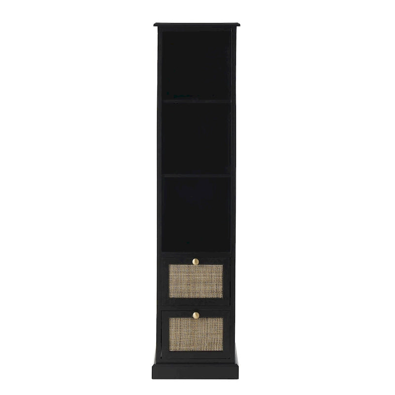 Meuble de rangement en bois 3 étagères et 2 tiroirs avec façade en rotin - Noir - Roche River Décor