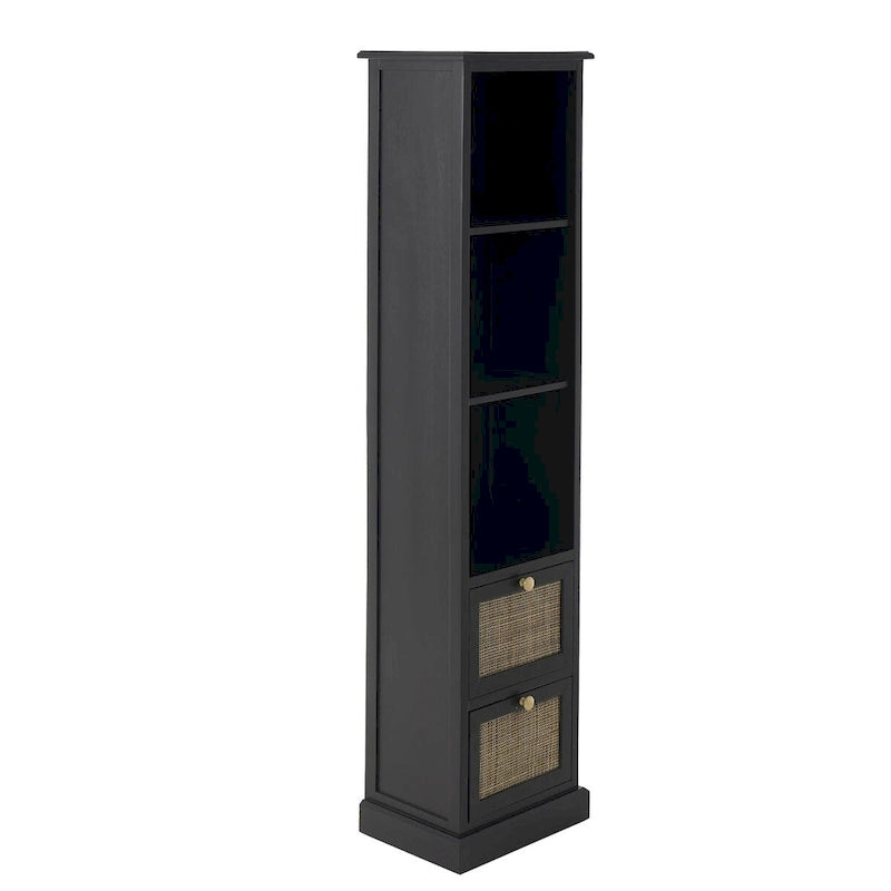 Meuble de rangement en bois 3 étagères et 2 tiroirs avec façade en rotin - Noir - Roche River Décor